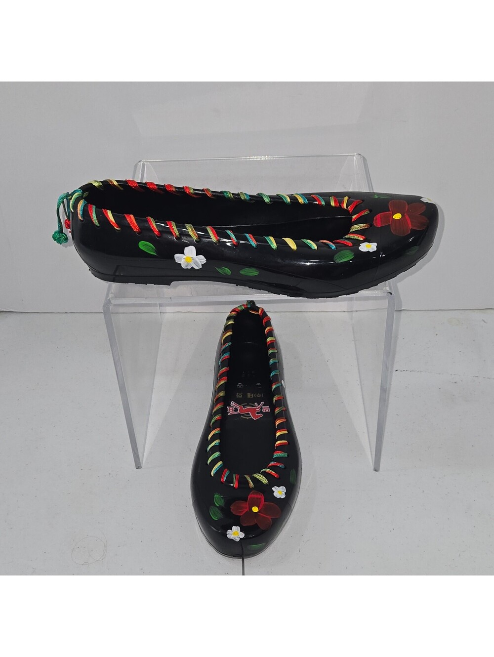 Vintage Korean Gomshin Rubber Shoes Hand Painted Floral Black Flats